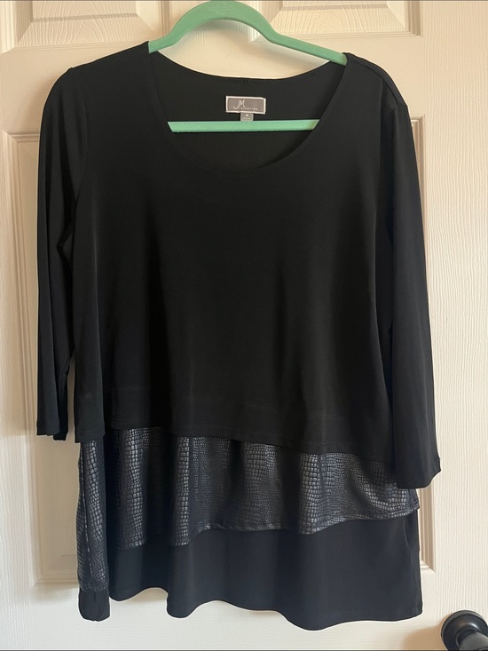 JM Collection Tops - JM Collection Black Long-Sleeve Top with Faux-Leather Layered Hem